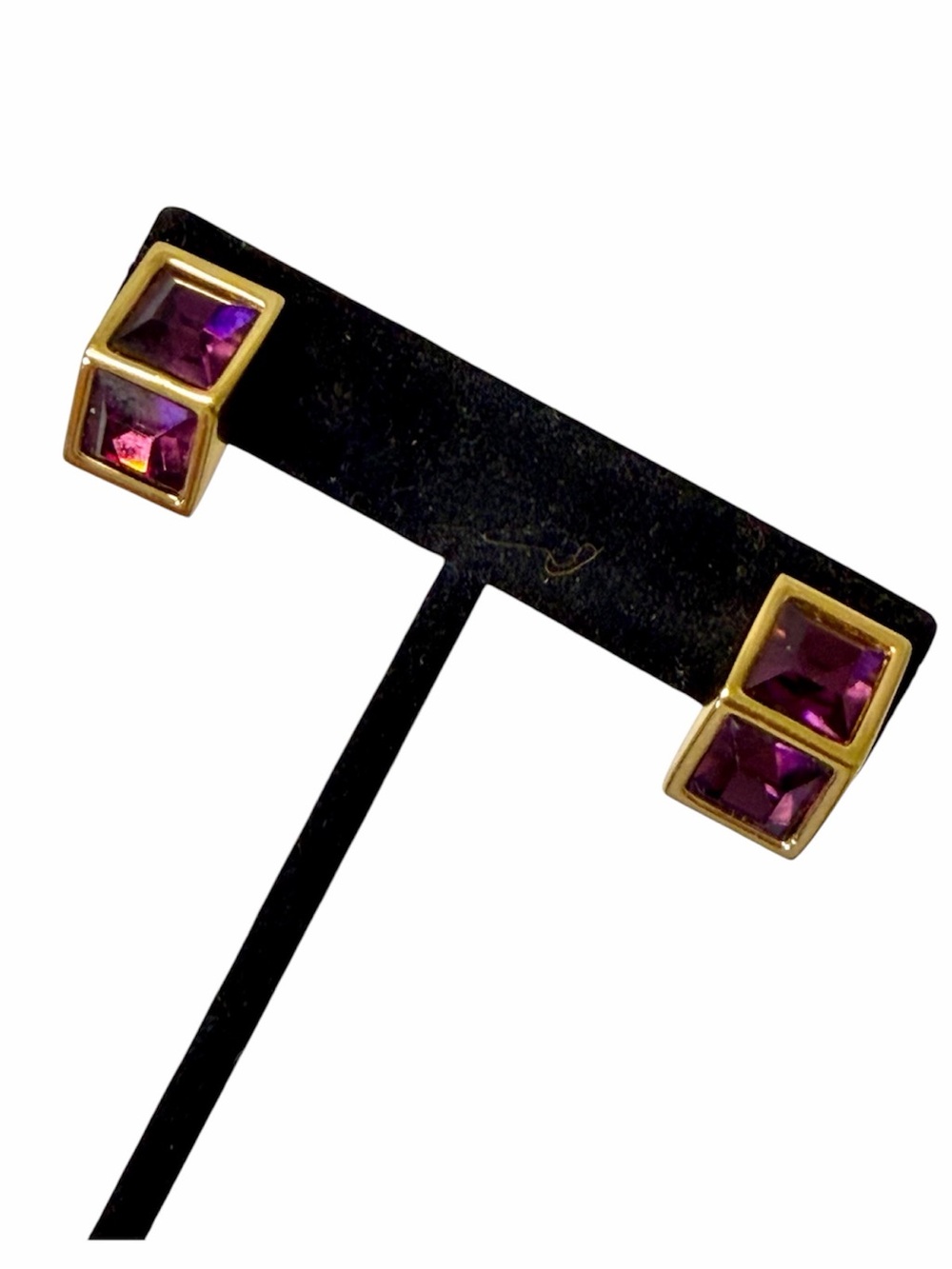 Vintage Swarovski S.A.L. 1980s Purple Amethyst Block Pierced Earrings Gold Tone